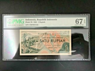 1961 Indonesia Bank Indonesia 1 Rupiah Pick 78 Pmg 67 Epq