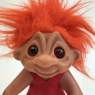Vintage Troll Doll 1977 Thomas Dam 7” Tall Made In Denmark Orange Hair Red Dress