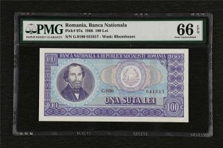 1966 Romania Banca Nationala 100 Lei Pick 97a Pmg 66 Epq Gem Unc
