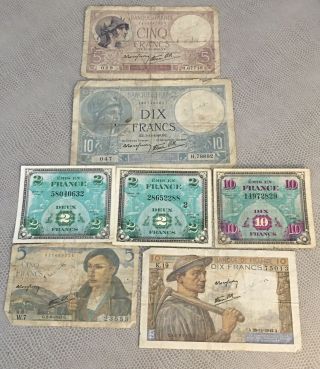 1944 1943,  1942,  France 2 Deluxe Francs Dix Banque Cinq Bank Note,  Paper Money
