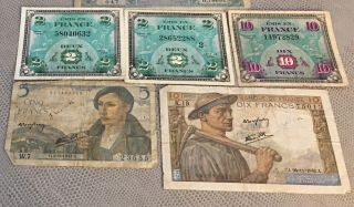 1944 1943,  1942,  France 2 Deluxe Francs Dix Banque Cinq Bank Note,  Paper Money 2