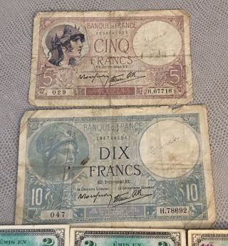 1944 1943,  1942,  France 2 Deluxe Francs Dix Banque Cinq Bank Note,  Paper Money 3