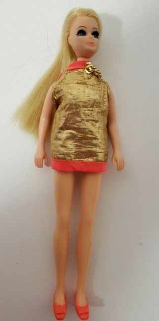 Vintage Topper Dawn Doll Gold With Orange Dress With Shoes None Bendable Legs