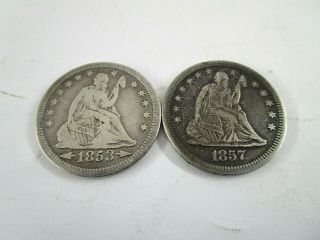 1853 & 1857 United States Seated Liberty Quarters Grade Fine & Very Fine,  No Res