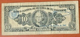 El Salvador 10 Colones 27 - Dic - 66 In Scarce Blue Letters In Back Side Serie Oh
