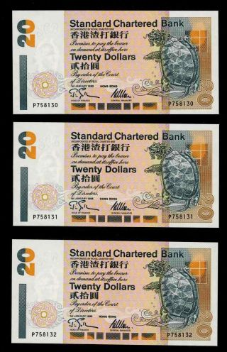 1995 Hong Kong Standard Chartered Bank 3 Banknote 20 Dollars Consecutive Numbers