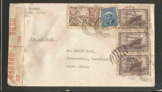 Canada Commercial Censored Air Mail Cover 1944 255,  257 &260x3 To Swaziland,  Sa