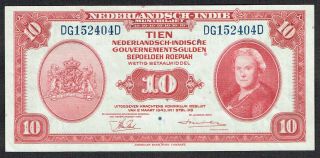 Netherlands Indies 10 Gulden 1943 Au/unc Muntbiljet Indonesia Abnc P114