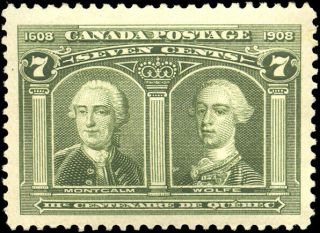 Canada 100 Vf Og Vvlh Bit Dg 1908 Quebec 7c Olive Green Montcalm & Wolfe