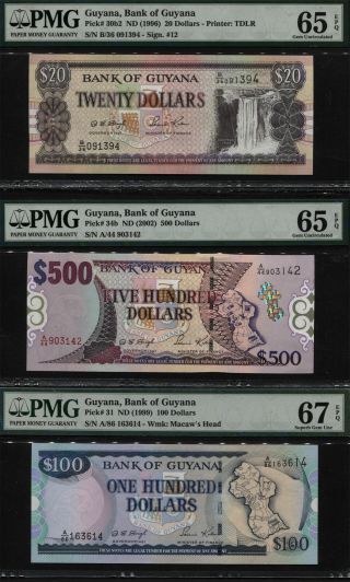 Tt Pk 31,  30b2,  & 34b Guyana 500 100 & 20 Dollars Pmg 65q & 67q Set Of Three