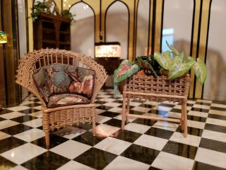 Dollhouse Miniature Artisan Signed Taylor Wicker Arm Chair And Planter W Plants