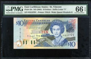 East Caribbean 10 Dollars Nd 2003 P 43 V St.  Vincent Gem Unc Pmg 66 Epq Nr