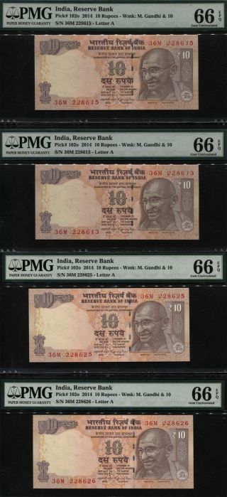 Tt Pk 102o 2014 India 10 Rupees " Gandhi " Pmg 66 Epq Set Of Four Notes