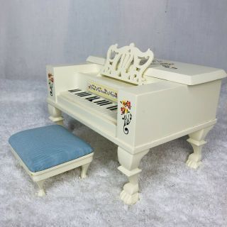 Vintage Muffy Vanderbear White Spinet Piano And Bench Music Box