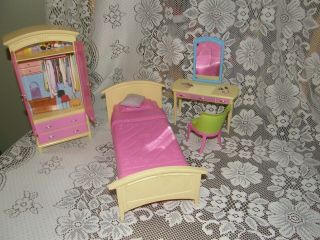 2002 Mattel Barbie Doll House Furniture Bedroom Armoire Bed Dressing Table Chair