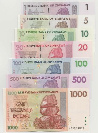 Zimbabwe 2007 Set 1 - 5 - 10 - 20 - 100 - 500 - 1000 Dollars Unc