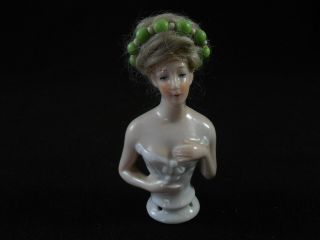 Antique German Porcelain Half Doll Germany Real Hair Upswept Beaded Wreath