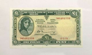 Ireland - Republic - Lady Lavery - 1 Pound - 1974 - Pick 64c - Serial Number 481539,  Unc