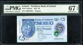 Northern Ireland 5 Pounds 2017 Bank Ireland Polymer Gem Unc Pmg 67 Epq Nr