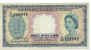 Malaya And British Borneo P - 1 1 Dollar 1953 Vf