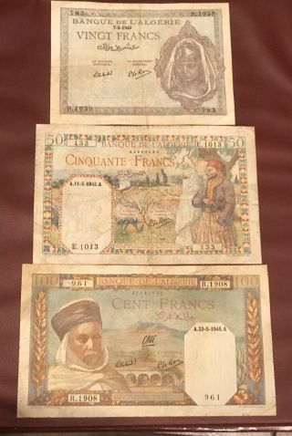 Algeria Algerie Tunisia Tunisie 20 & 50 & 100 Francs 1942 & 1945 French Colony