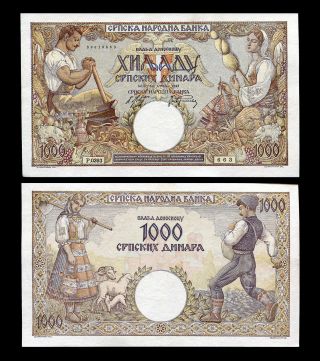 Serbia Yugoslavia 1000 1,  000 Dinara 1 - 5 - 1942 P 32 Wtm " Girl " Au - Unc