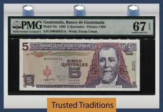 Tt Pk 74c 1992 Guatemala 5 Quetzales Banco De Guatemala Pmg 67q Gem Unc