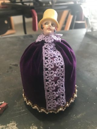 Art Deco Porcelain Half Doll Head Purple Dress Pin Cushion