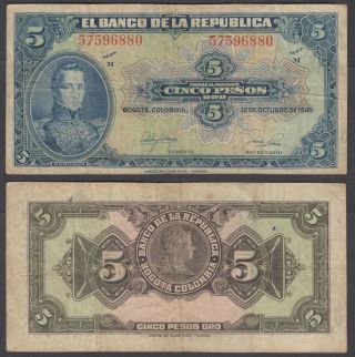 Colombia 5 Pesos 1949 (f - Vf) Banknote P - 389 Series M
