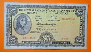 Ireland: Irish Lavery Five Pound Note Dated 12.  8.  1968.