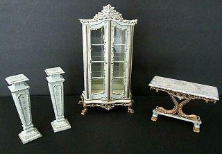 High End Victorian Style Doll House Hand Crafted Cabinet & Table & Pedestals