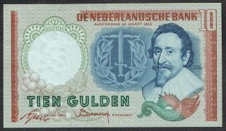Netherlands 10 Gulden 1953 Au/unc Hugo De Groot Replacement P85