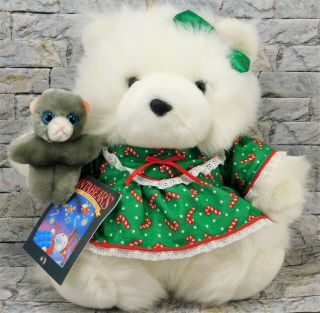 Miss Santa Bear Christmas 1990 Plush Green Dress & Bow W/ Kitten & Book Hudson