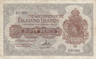 50 Pence Fine Banknote From British Colony Of Falkland Islands 1974 Pick - 10
