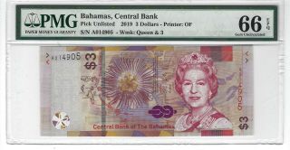 P - Unl 2019 3 Dollars,  Bahamas Central Bank,  Pmg 66epqgem,