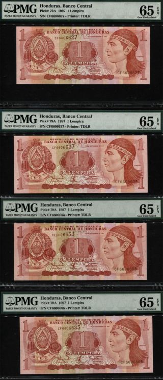 Tt Pk 79a 1997 Honduras 1 Lempira - Banco Central Pmg 65 Epq Gem Set Of Four