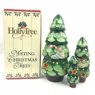 Vintage Christmas Tree Nesting Doll Set Of 3 Wooden Painted Colorful