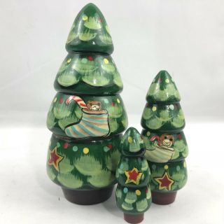 Vintage Christmas Tree Nesting Doll Set of 3 Wooden Painted Colorful 2