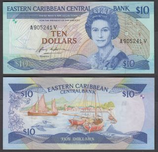 East Caribbean States 10 Dollars 1985 - 93 (xf) Banknote P - 23v1 Qeii
