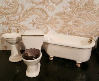 Vintage Dollhouse Porcelain Bathroom Set Clawfoot Tub,  Toilet,  Sink