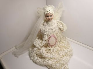 Vintage 16 " Christmas Angel Porcelain Doll With Feather Wings And Stand