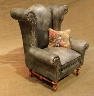 Dollhouse Miniature Leather Wingback Chair By Lynn Whisenant