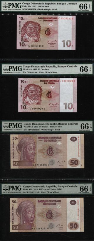 Tt Pk 97a & 82a Congo Democratic Republic 50 Francs 10 Centimes Pmg 66q Set Of 4