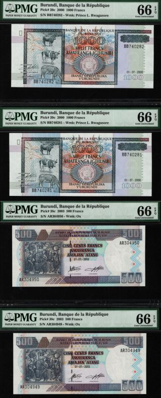 Tt Pk 38c & 39c 2000 & 2003 Burundi 500 & 1000 Francs Pmg 66 Epq Set Of Four