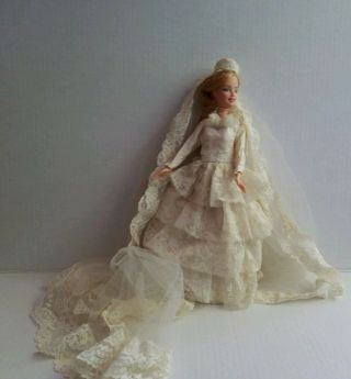 Vintage Wedding Dress And Extra Long Veil For Barbie Dolls Handmade Lace
