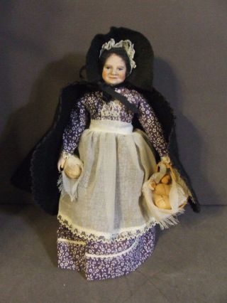 Vintage Old Lady Woman With Bread Basket Porcelain Face Doll W/ Cloth Body