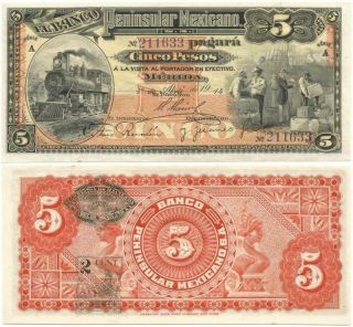 1914 Mexico Yucatan Choice " Cinco Pesos " El Banco Peninsular Mexicano