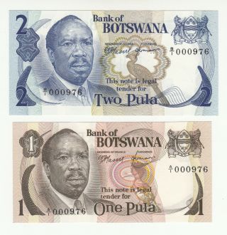 Botswana 1,  2 Pula 1976 Aunc/unc Same Serial 000976 @