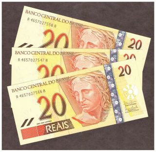 (3) 2002 Nd Brazil 20 Reais Note - Pick 250b - Series A4657 - Unc