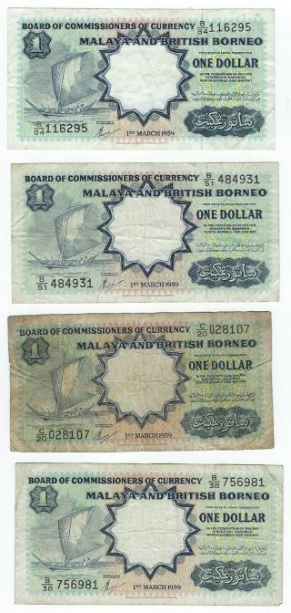 Malaya & British Borneo P - 8a 1 Dollar 1959 Circulated 4 Notes